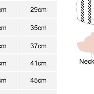 May include: Size chart for dog clothing with measurements in centimeters for neck, chest girth, and body length. Sizes include XS, S, M, L, and XL.