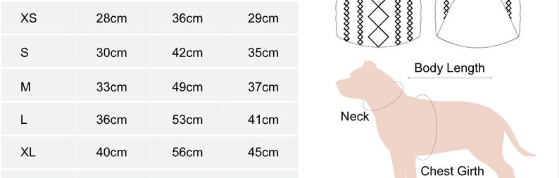 May include: Size chart for dog clothing with measurements in centimeters for neck, chest girth, and body length. Sizes include XS, S, M, L, and XL.