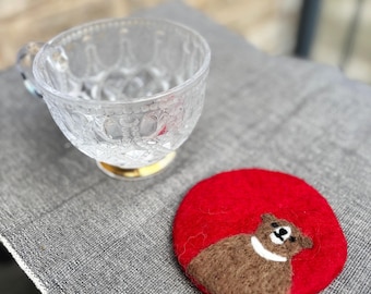 Needle Felted Bear Coaster: 100% Wool, Water Absorbent