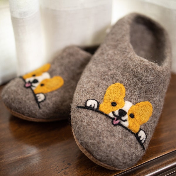 Corgi Felted Slippers, 100% Wool NO Polyester, Handmade Needle Felted Winter Slippers, Cozy and Soft, Cat Design, Grey Colour, No Chemicals