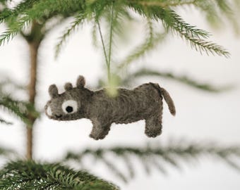 Needle Felted Wool Rhino Ornament, Handmade Hanging Decoration
