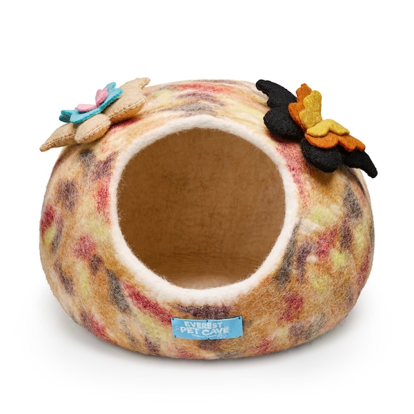 Everest Pet Cave Orange Hue Butterflies, Cat Cave, Handmade using 100% New Zealand Merino Wool, Winter Cat Bed, Cozy Cave for Cats Kittens