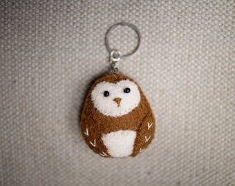 Needle Felted Owl Keychain: 100% Wool Handmade Keyring