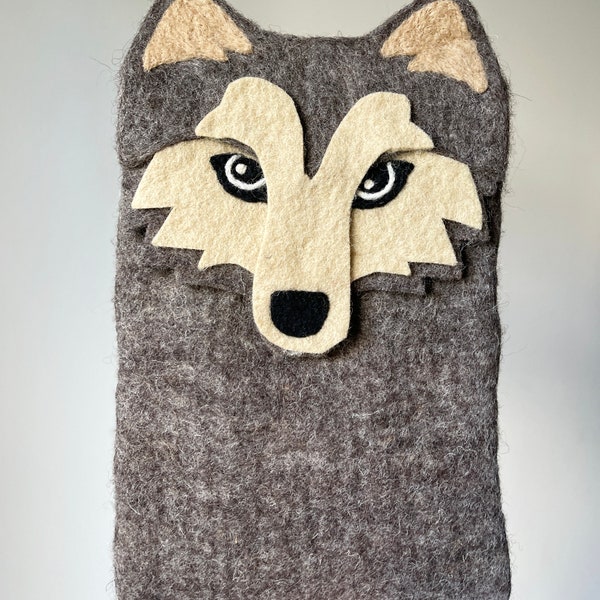 Housse de tablette feutrée, housse de tablette faite à la main, Wolf Design, housse Ipad, housse de tablette Samsung, feutre humide, fermeture Velcro, 100% laine