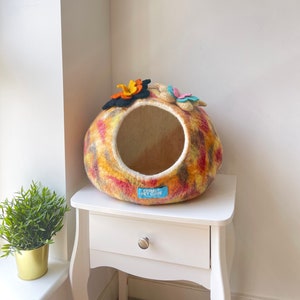 Handmade Wool Cat Cave Bed: Orange Hue Butterflies, Cozy Winter Hideaway