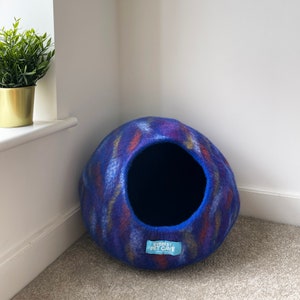 Handmade Felt Cat Cave: Purple Merino Wool Pet Bed