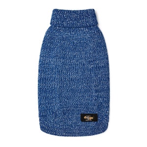 May include: A blue and white marled knit sweater for dogs featuring a turtleneck collar and a small black rectangular patch at the bottom right corner with the text Everest doggo SWEATERS printed in white and gold lettering.