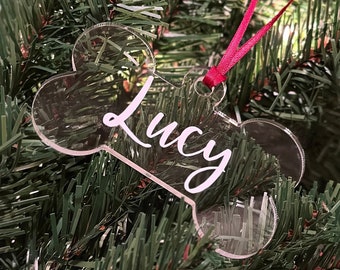 Custom Dog Name Acrylic Bone Shaped Holiday Christmas Tree Decoration Ornament