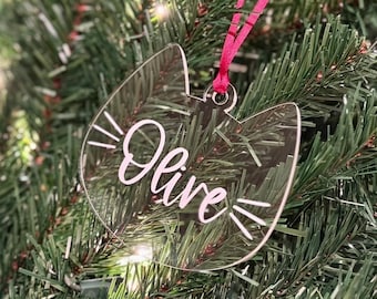 Custom Cat Name Acrylic Head Shaped with Whiskers Holiday Christmas Tree Decoration Ornament