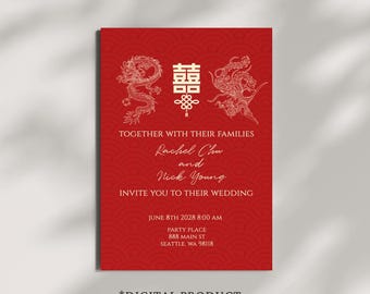 Editable Chinese Wedding Invitation Template | Dragon Phoenix Double Happiness | Corjl Red Gold Tea Ceremony Digital Download