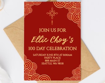 100 Day Baby Celebration Invitation and Sign | Editable Red & Gold Digital Template | Baek-il, Chinese 100 Day, Corjl Download