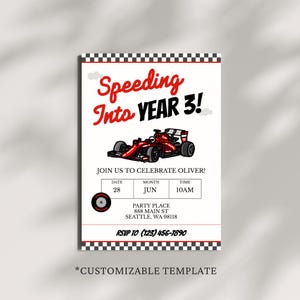 Race Car Birthday Invitation | Speeding Into Year # | Editable Digital Invite | Customizable Age | Red Race Car | Instant Download