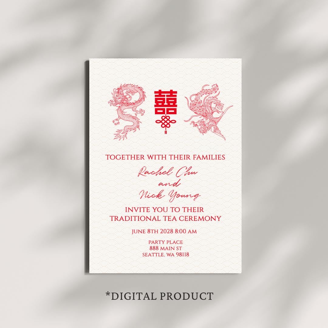 Editable Chinese Wedding Invitation Template | Dragon Phoenix Double Happiness | Corjl Red Gold Tea Ceremony Digital Download