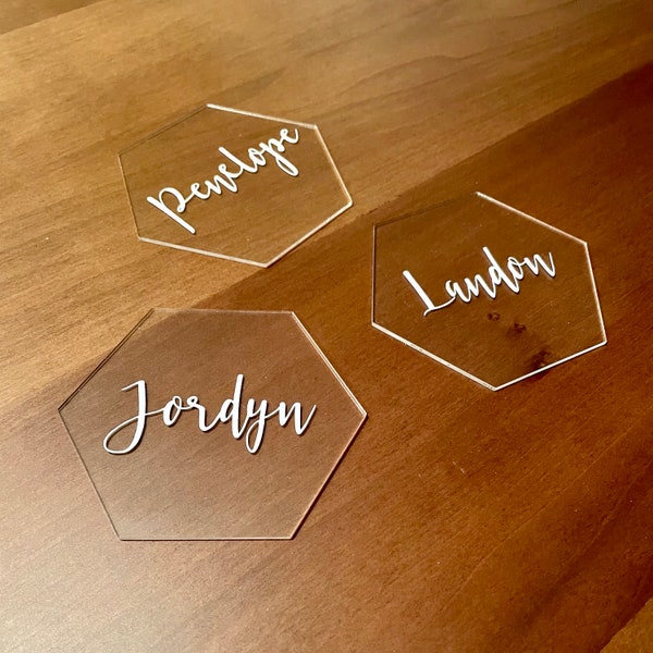 Custom 3" Acrylic Hexagon Name Place Cards || Weddings, Birthdays, Social Events, Gatherings, Galas, Dinners, Parties