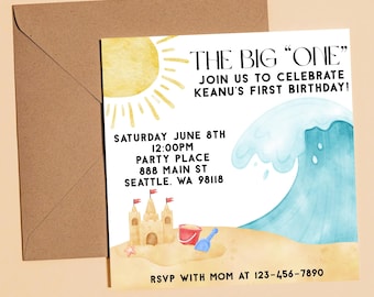 Beach First Birthday Invitation | The Big ONE Birthday Invite | Editable Digital Download | Summer Surf Party | 1st Birthday | Boy or Girl
