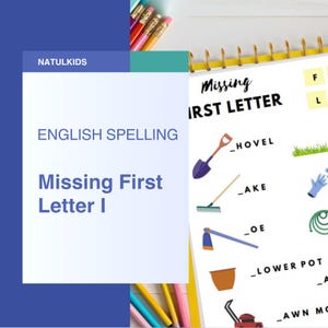 Puede incluir: Una hoja de trabajo con espiral titulada "Missing First Letter I" para practicar la ortografía en inglés. La hoja de trabajo presenta ilustraciones de herramientas de jardinería y palabras relacionadas. El fondo incluye lápices y un diseño azul y blanco.