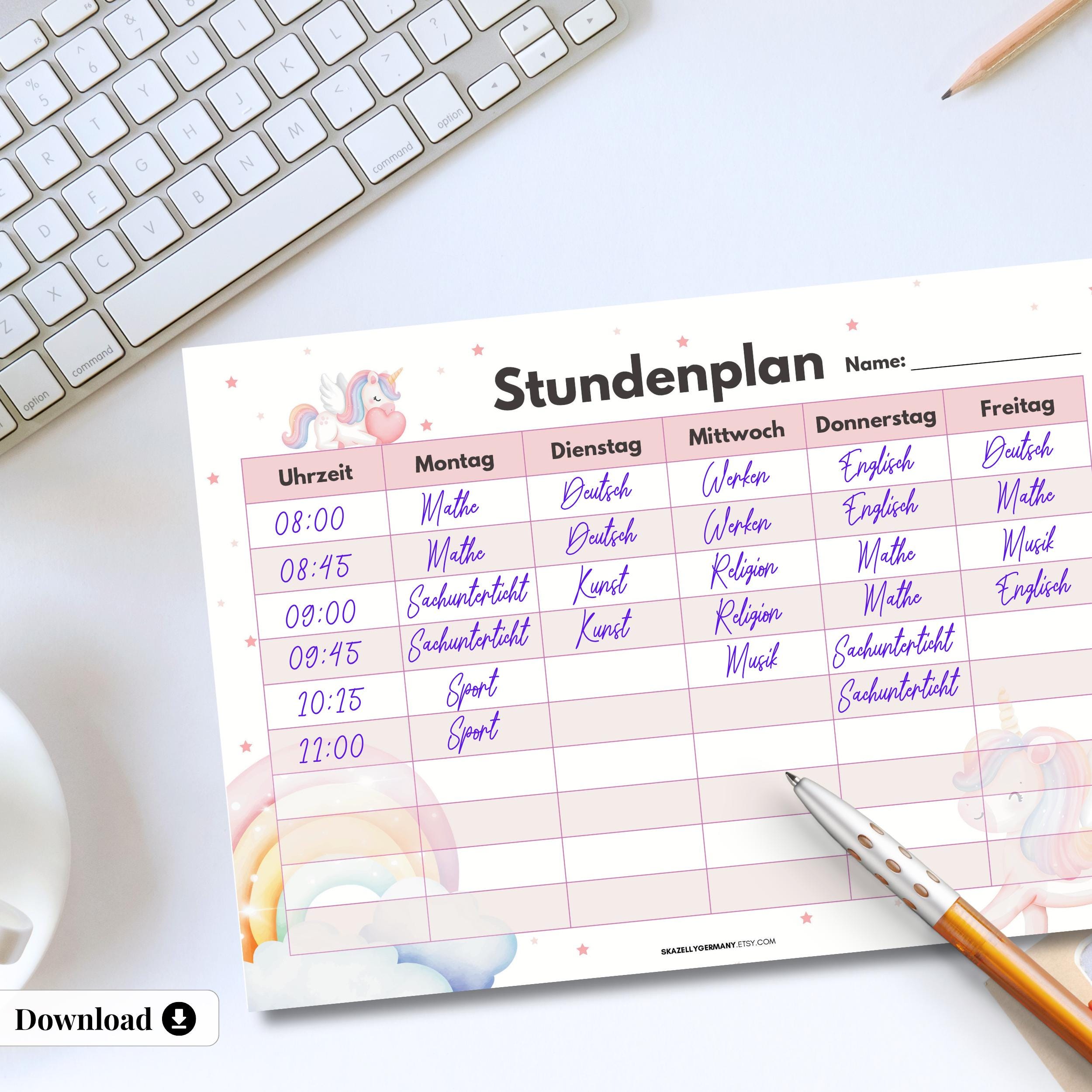 Stundenplan zum Ausdrucken, A5, A4, A3 Einhorn PDF Vorlage druckbar