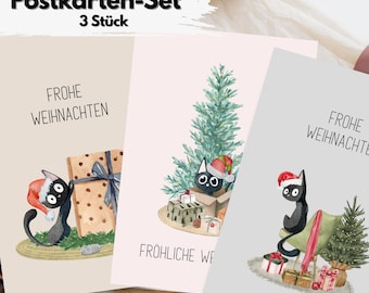 Christmas card set with cute cats, Merry Christmas greeting cards, gift for cat lovers, illustration