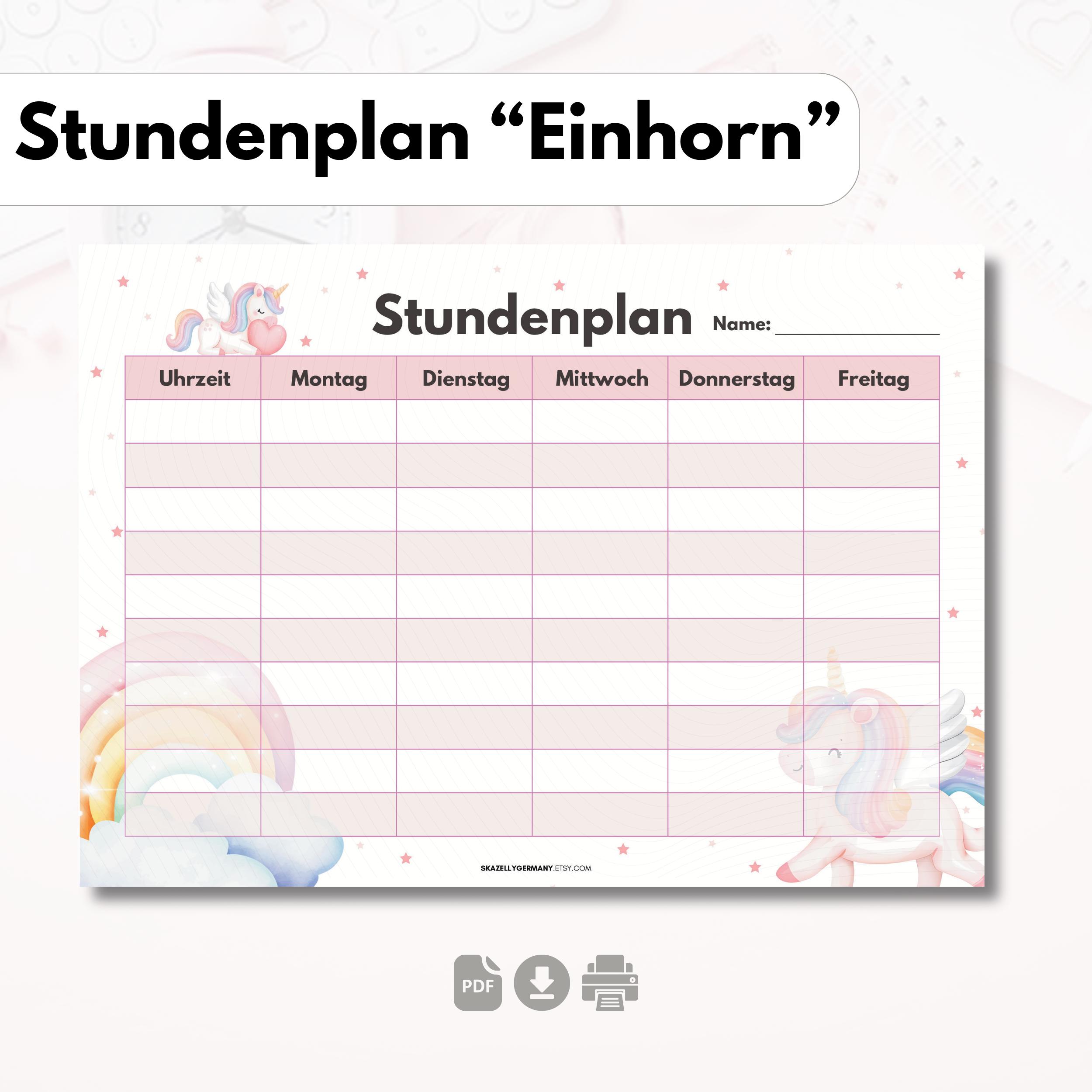 Stundenplan zum Ausdrucken, A5, A4, A3 Einhorn PDF Vorlage druckbar