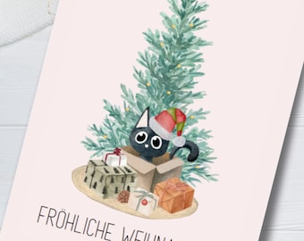 Carte de Noël chat I carte postale rigolote chat I carte de Noël I carte postale Noël I carte de voeux I chat mignon dans une boîte