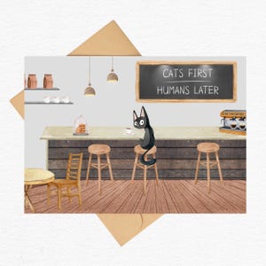 Postcard Cat I Cat with Coffee I Gift for Cat Owners I Coffee Print I Cafe Picture I Coffee Art I Print