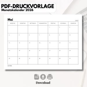 Könnte beinhalten: Eine druckbare Kalendervorlage für Mai 2026 mit einem Rasterlayout. Die Wochentage stehen oben und die Daten in den Zellen. Der Kalender enthält den Text "PDF-DRUCKVORLAGE" und "Monatskalender 2026". Das Wort "Download" ist ebenfalls sichtbar.