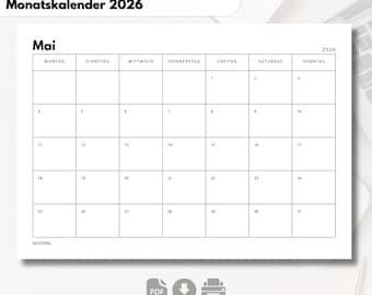 2026 Monthly Calendar, Printable Template (A5, A4, A3), Yearly Planner, Modern Design, Instant Download, Minimalist and Simple
