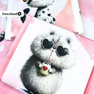 May include: A whimsical illustration of a fluffy gray cat wearing heart-shaped sunglasses, holding a jar with a red heart and flowers. The image is on a pink background with the word "Download".