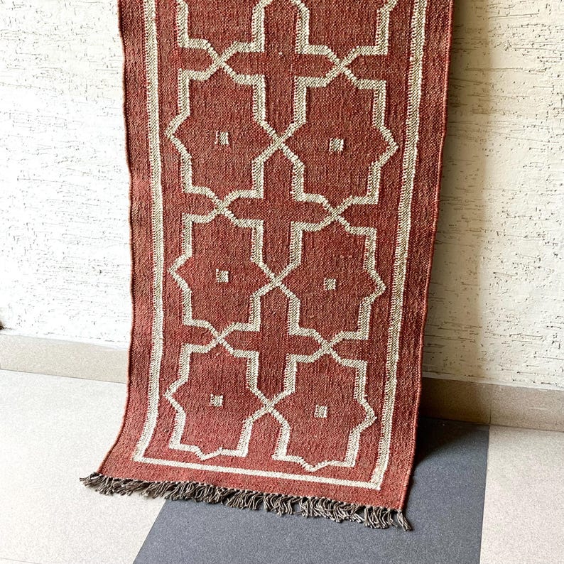 Wollen jute loper voor trappen, handgeweven loper, kelimloper vloerkleed entree | Gang | keuken, nachtkastje loper, stammenpatroon afbeelding 5