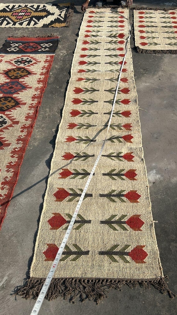 Wool Jute Runner Rug for Stairs, Handwoven Runner Rug, Kilim Runner Rug Entryway | Hallway | kitchen, Bedside Runner Rug, Tribal Pattern