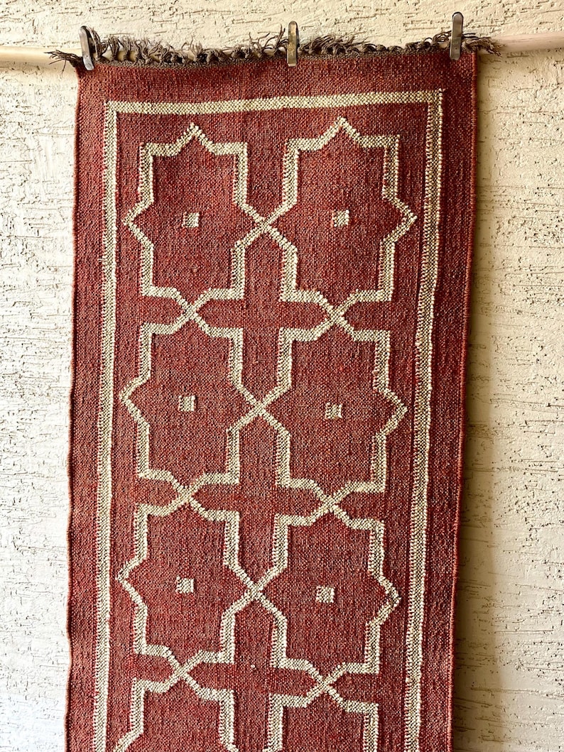 Wollen jute loper voor trappen, handgeweven loper, kelimloper vloerkleed entree | Gang | keuken, nachtkastje loper, stammenpatroon afbeelding 3