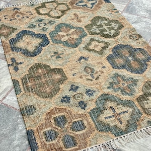 Blue Green Rainbow Bohemian Kilim Rug - Premium Handwoven Jute Flatweave, Traditional & Scandinavian-Inspired Décor, Perfect for Boho Spaces
