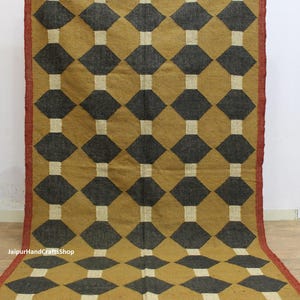 Alfombra de yute y lana hecha a mano de 4 x 6 pies, alfombra kilim Navajo, alfombra de tejido plano de oro negro, alfombra para comedor/exterior/jardín/guardería, etc. dhurrie.