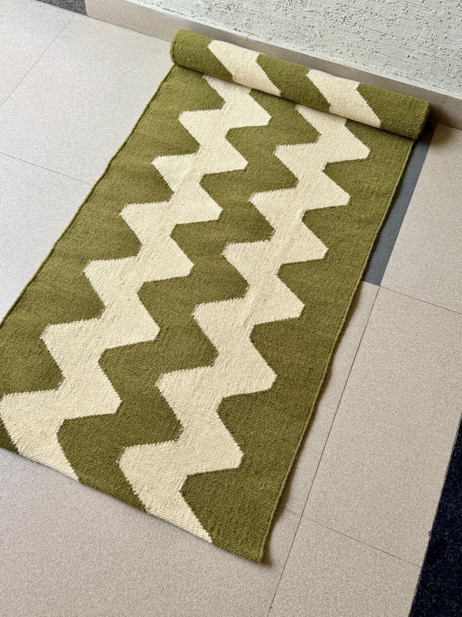 Earthy Fun Runner Rug Olive Green Wool Runner Rug for Stairs | Handwoven Kilim for Entryway ...