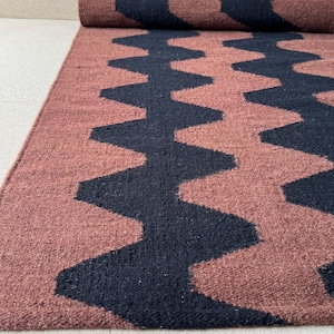 Modern Wool Runner Rug for Stairs | Brown & Black Handwoven Eco-Friendly Kilim | Bedside, Kitchen, Entryway, Hallway, Corridor Runner