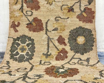 Multi Sizes Vintage Inspired Floral Kilim Rug  | Natural & Eco friendly Hemp Cotton Area Kilim | Southwestern Design | Moroccan motif