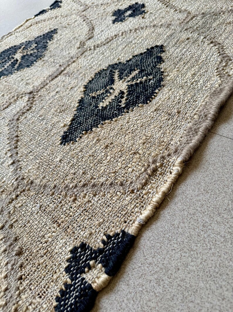Earthy Fun Runner Rug Earthy Hemp Cotton Runner Rug | Beige Black Geometric Pattern | Boho ...