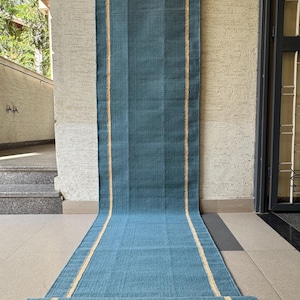 Multi size Wool Runner Rug  For Stairs | Teal Blue Striped Stair Runner | Minimal & Modern Decor | Bedside, Staircase, Hallway Custom Sizes
