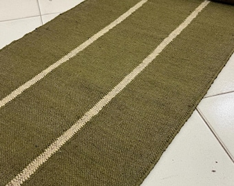Earthy Tone Olive Green Staircase Runner Rug - Handwoven Jute Kilim, Striped & Eco-Friendly, Ideal for Entryway, Hallway, Bedside Boho-Chic