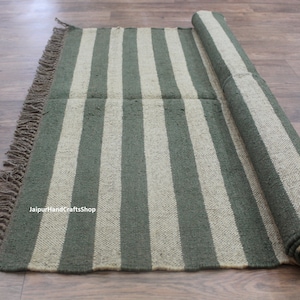 Green Stripe Square Rug, Handwoven square Kilim For Outdoor | Indoor, Area, Floor, Square Kelim, Jute\Wool Kilim, Turkish, Flat weave