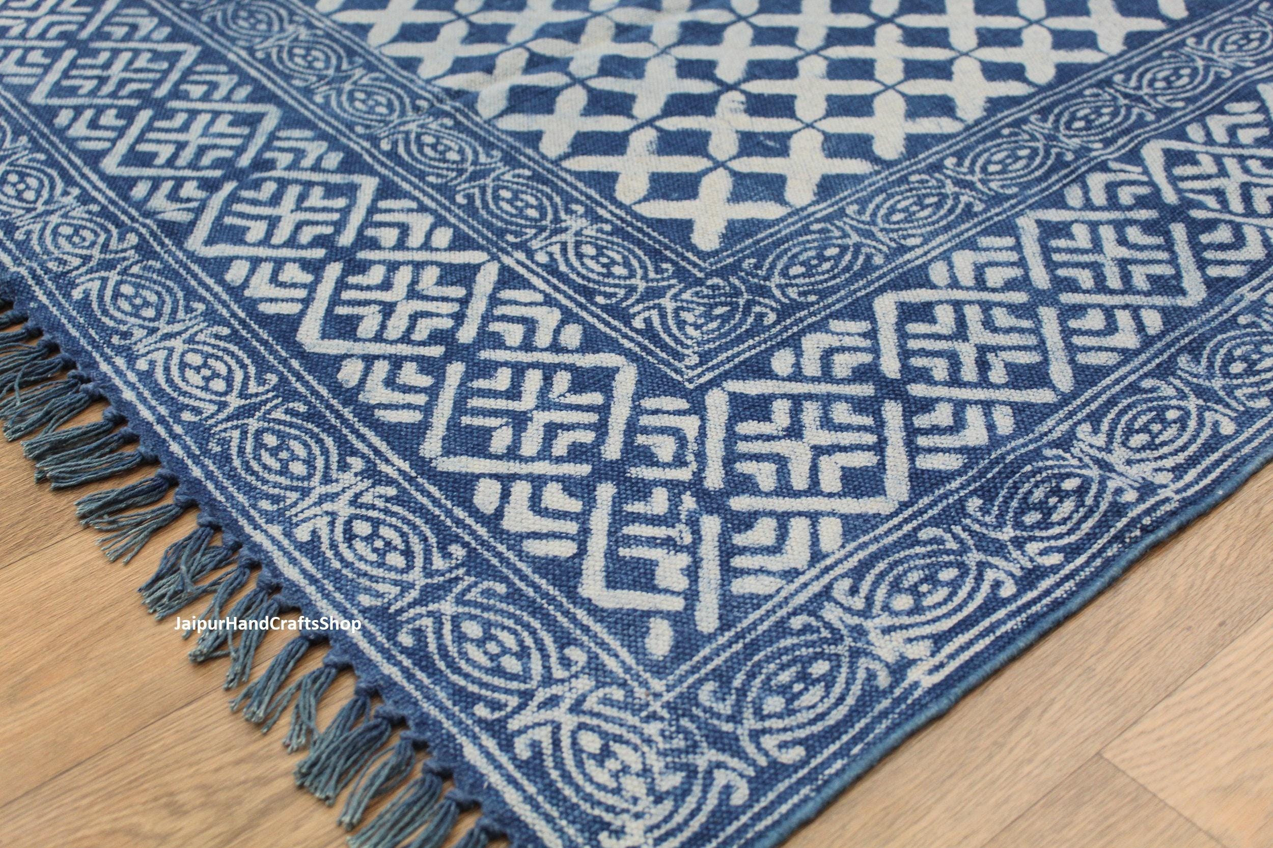 4X6, 4X15, 4X25 Indigo Hand Woven Blue Handmade Cotton Block Print Rug ...