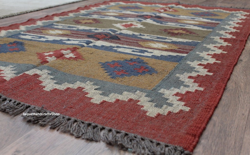 4x4 Ft Handmade Square shops Area Rug, Wool Jute Rug, Kilim Rug, Feet, Dining Room / Kitchen Rug 4X4, 5X5, 6X6 , 10x10, 11X11, 12X12 etc.