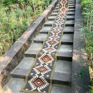Tappeto da corridoio Kilim extra lungo, tappeto da corridoio azteco del sud-ovest, arredamento sostenibile per scale/corridoi/esterni/balconi, tappeto da corridoio Kilim di dimensioni personalizzate