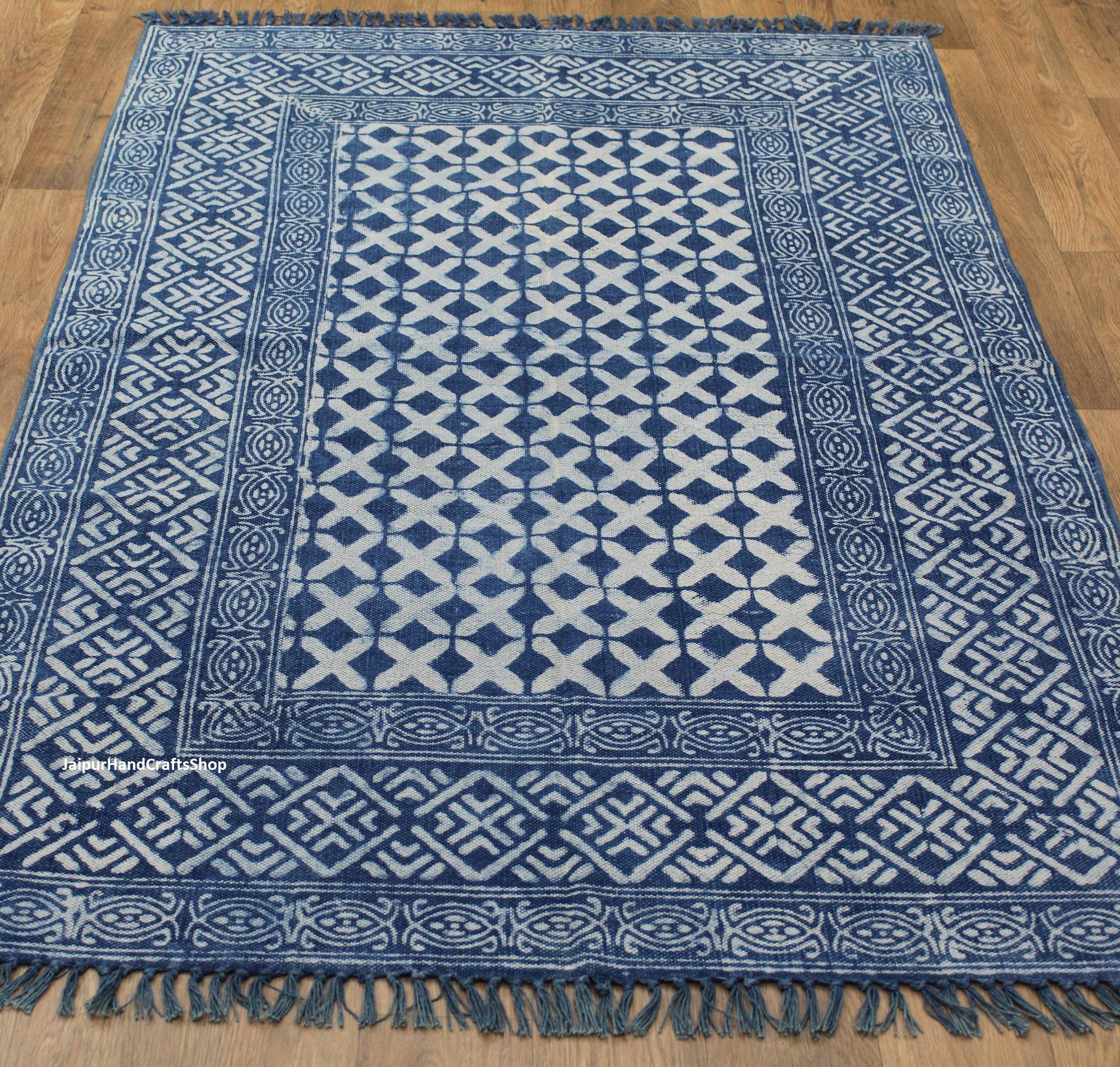 4X6, 4X15, 4X25 Indigo Hand Woven Blue Handmade Cotton Block Print Rug ...