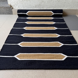 Multi Sizes Wool Area Rug | Handmade Wool Kilim | Black & Tan Flatweave Rug | Modern Decor | Bedroom, Living Room, Dining | Custom Sizes