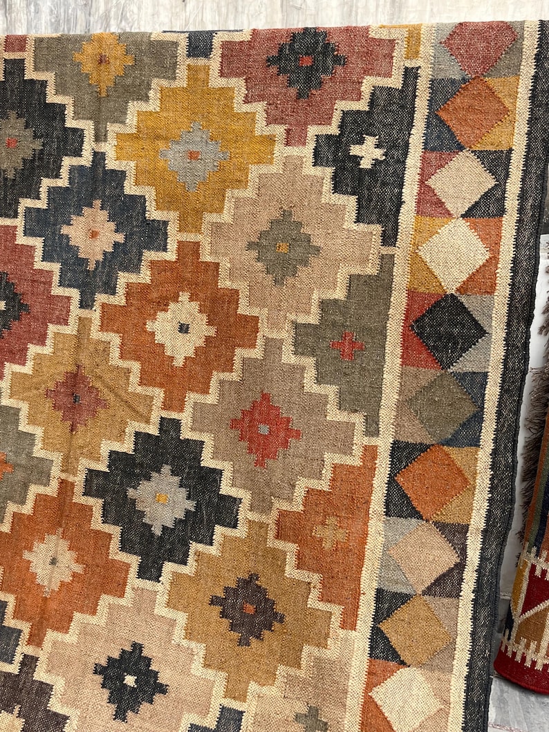 Vintage Geometric Kilim Custom Size Kilim Navajo Wool Jute Area Rug