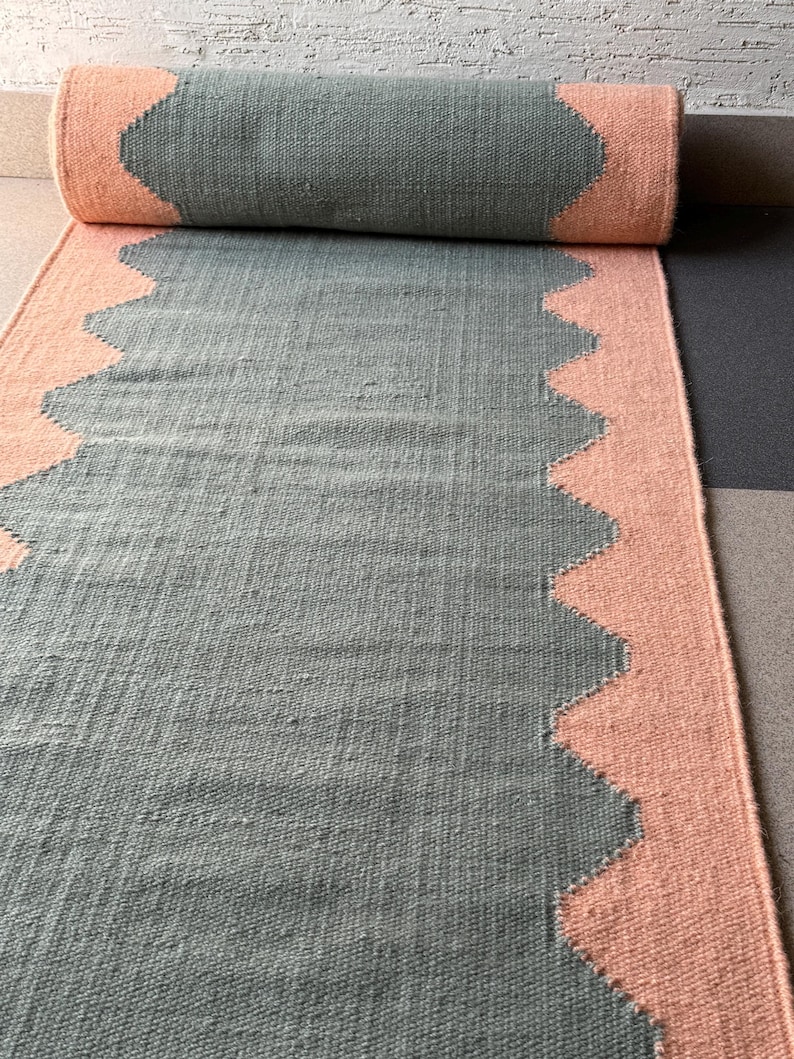Rusk Color Rug Runners Wool Stairs Runner| Dusty Blue & Blush Pink Geometric Runner Rug ...