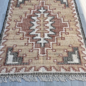 Multi Sizes Vintage Inspired Kilim Rug  | Natural & Eco friendly Hemp Cotton Area Kilim | Southwestern Design | Traditional Moroccan motif