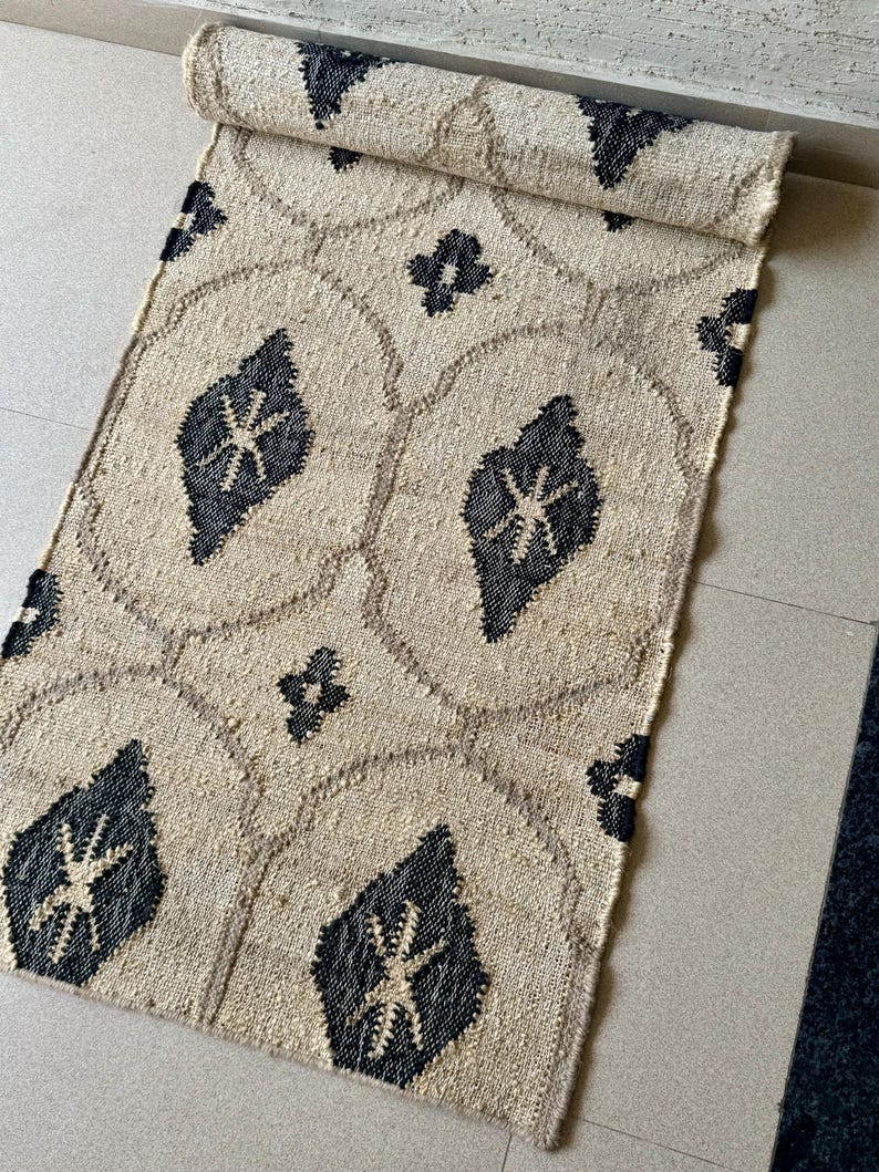 Earthy Fun Runner Rug Earthy Hemp Cotton Runner Rug | Beige Black Geometric Pattern | Boho ...
