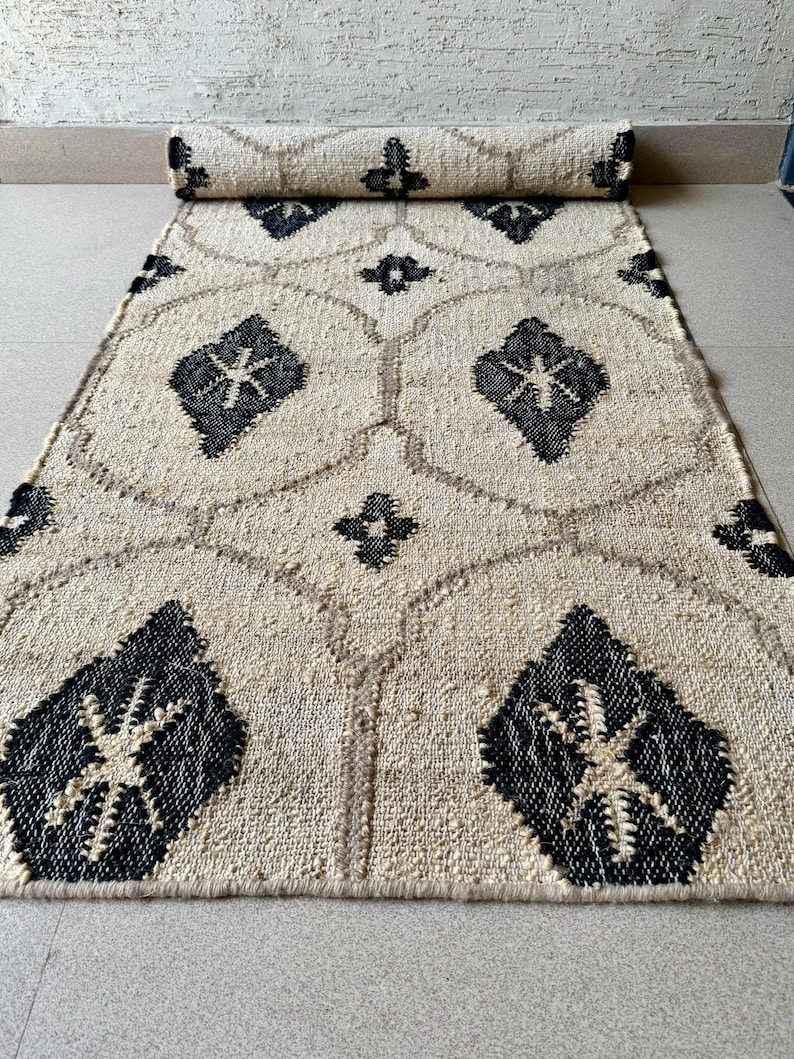 Earthy Fun Runner Rug Earthy Hemp Cotton Runner Rug | Beige Black Geometric Pattern | Boho ...